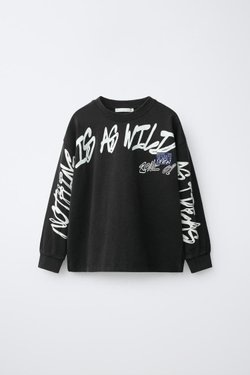 ZARA ФУТБОЛКА С ПРИНТОМ НАДПИСЬ ГРАФФИТИ, ЧЕРНЫЙ
