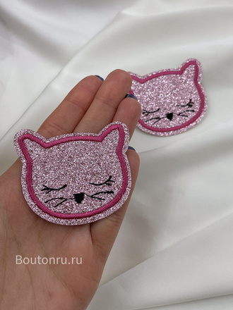 Нашивка розовая с блестками котёнок 5х4,5 см