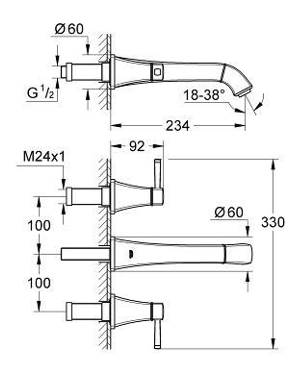 Смеситель для раковины настенный на 3 отверстия Grohe Grandera 20415000 схема
