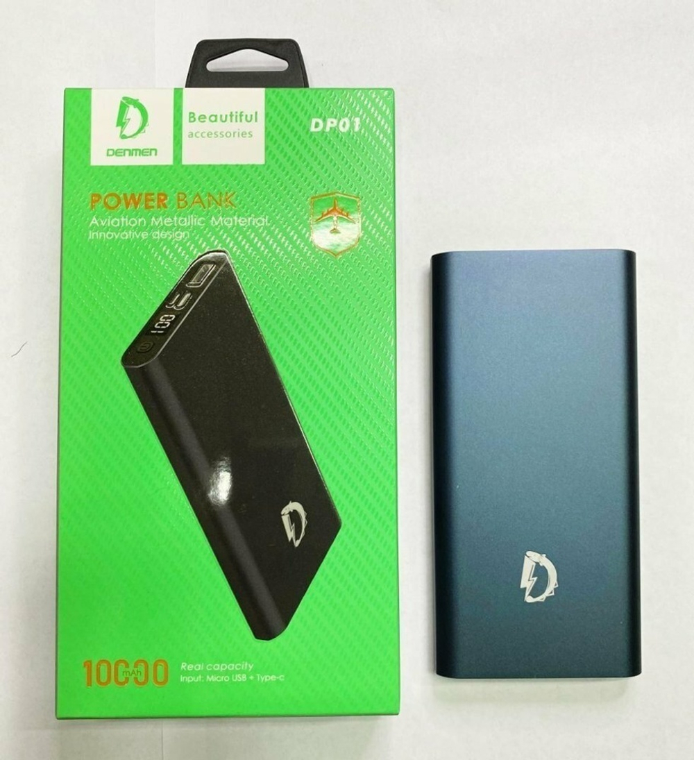 Внешний аккумулятор DENMEN DP01 10000mAh, 2.1A, MicroUSB/Type-C+USB, дисплей Blue
