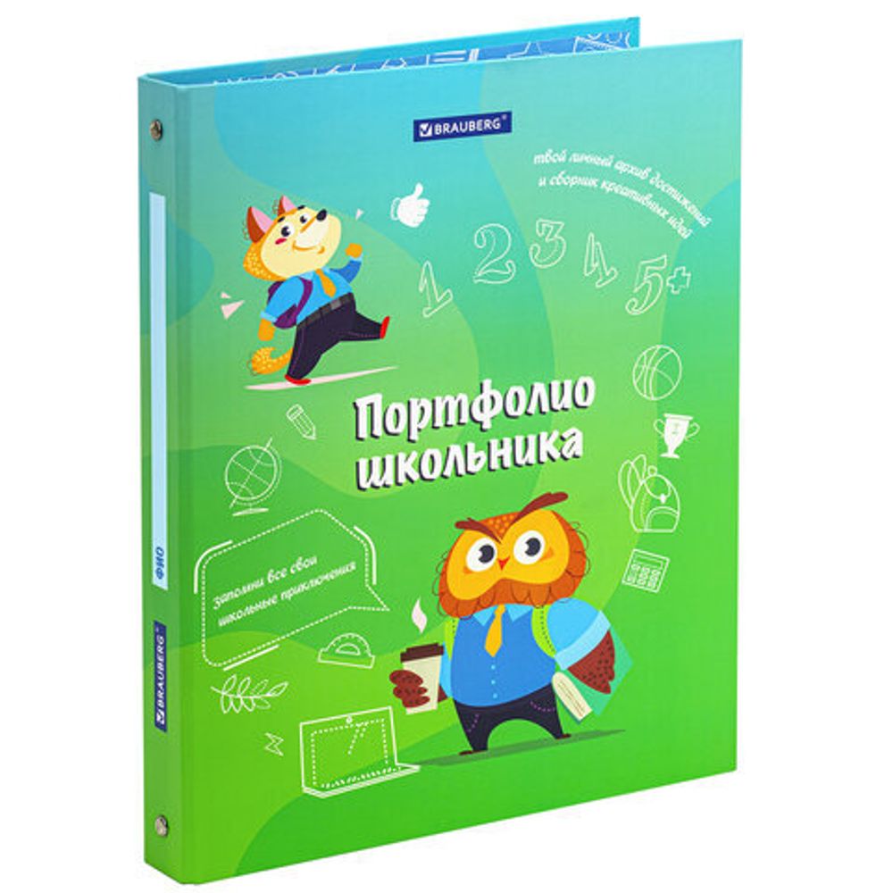 Папка-портфолио школьника "ОТЛИЧНИК", 4 кольца, 20 файлов, 10 вкладышей, 7БЦ матовая, BRAUBERG, 115240