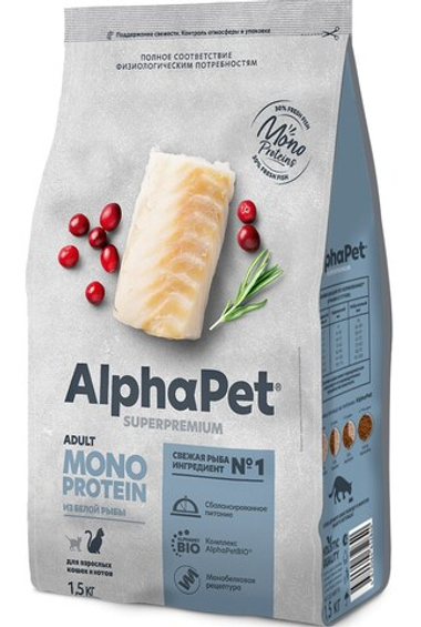 AlphaPet Monoprotein Adult Белая рыба для кошек 1,5 кг