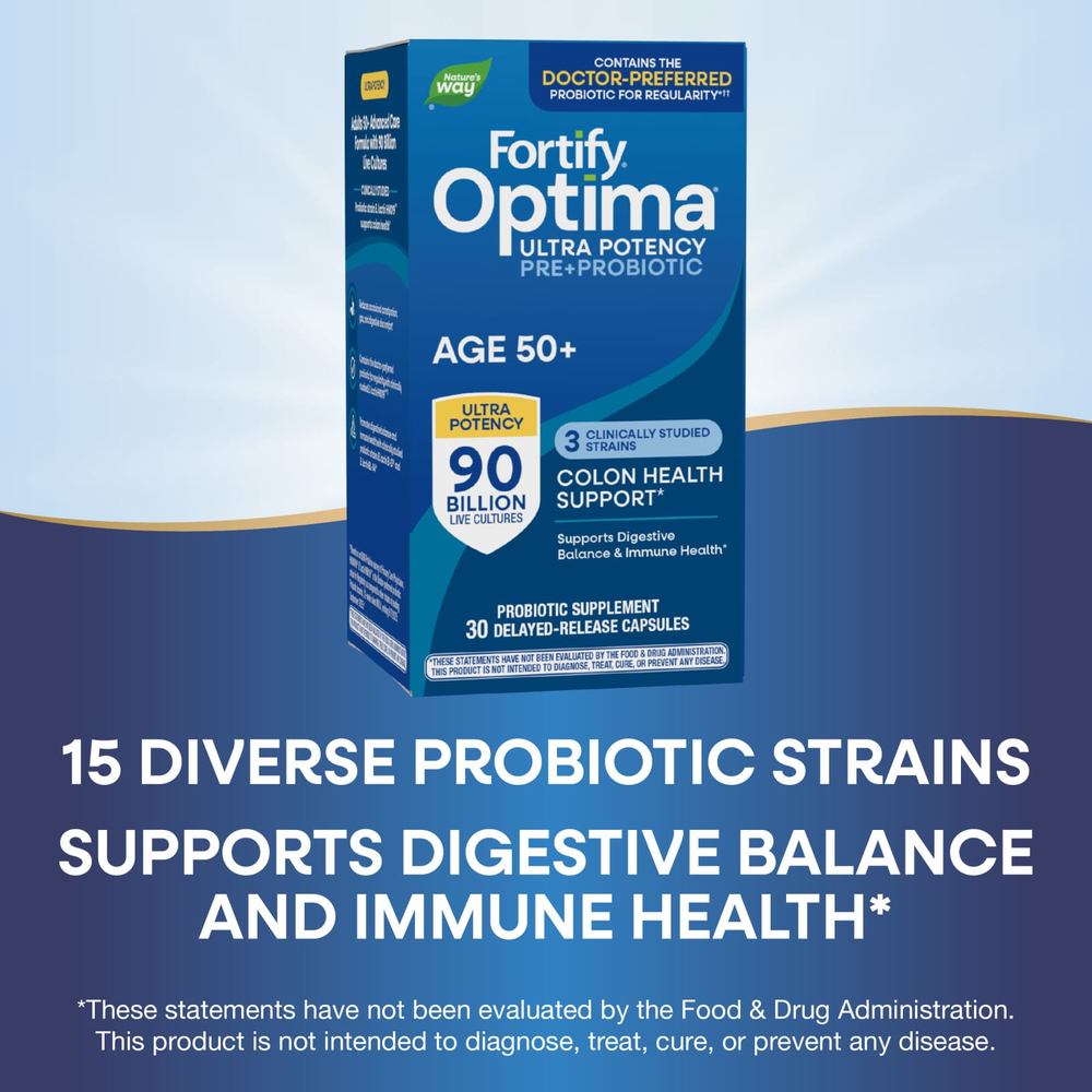 Nature's Way, пробиотик Optima®, Fortify® для людей старше 50 лет, 90 млрд КОЕ, 30 капсул с отсроченным высвобождением
