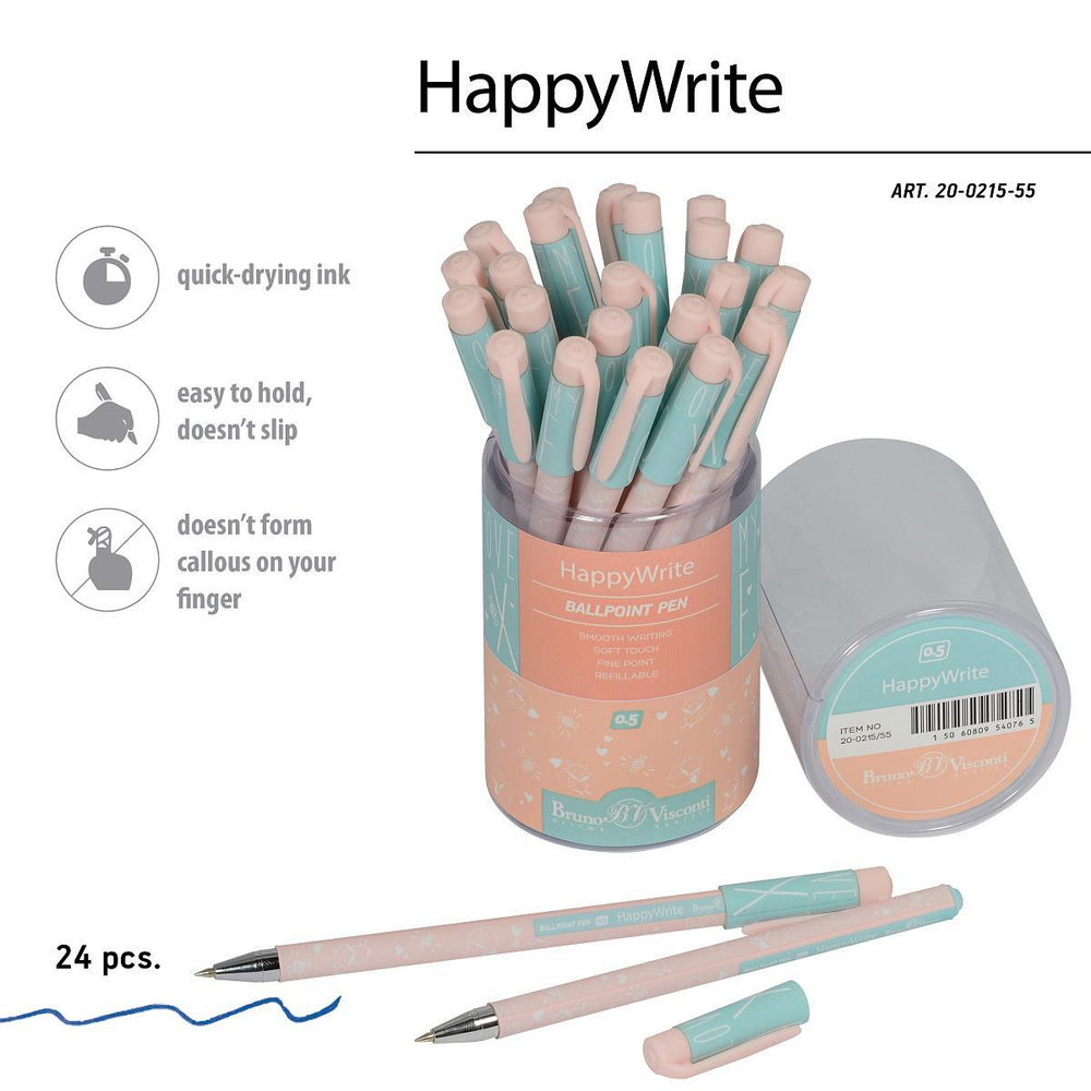 Ручка шариковая 0.5 мм, синяя "HappyWrite. Зефирные животные. Лисички" (Bruno Visconti)