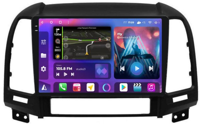 Магнитола для Hyundai Santa Fe 2 CM 2006-2012 (рамка черная) - FarCar BM008M-2K монитор 9.5" 2K QLED на Android 14, Быстрая, CarPlay, 4G SIM-слот
