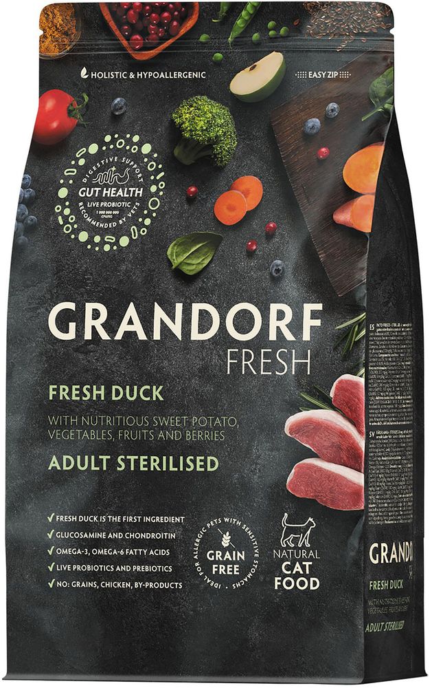 Grandorf Fresh 2кг Holistic Sretilised Duck&amp;Sweet Potato Сухой корм для стерилизованных кошек, свежее мясо утки с бататом
