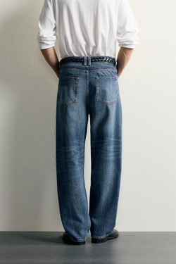 ZARA ДЖИНСЫ STRAIGHT FIT С КОНТРАСТНОЙ СТРОЧКОЙ, СИНИЙ