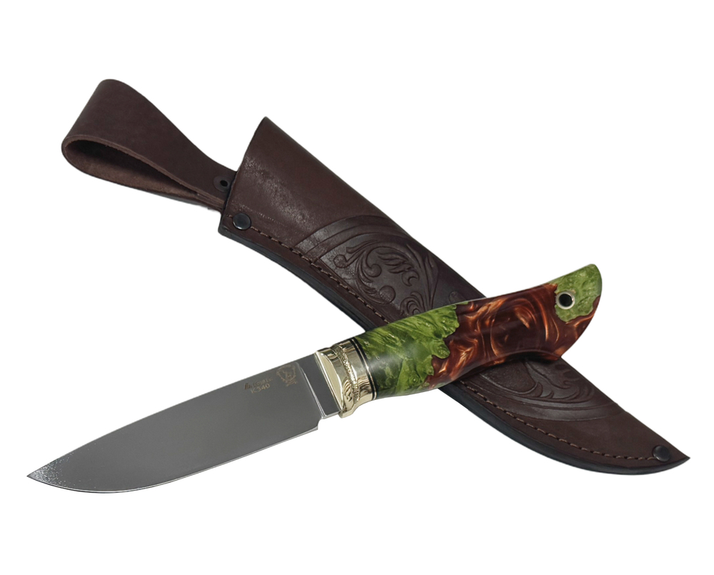 Нож Соболь, Bohler K340, рукоять гибрид, кап.клена и акрил, зеленый