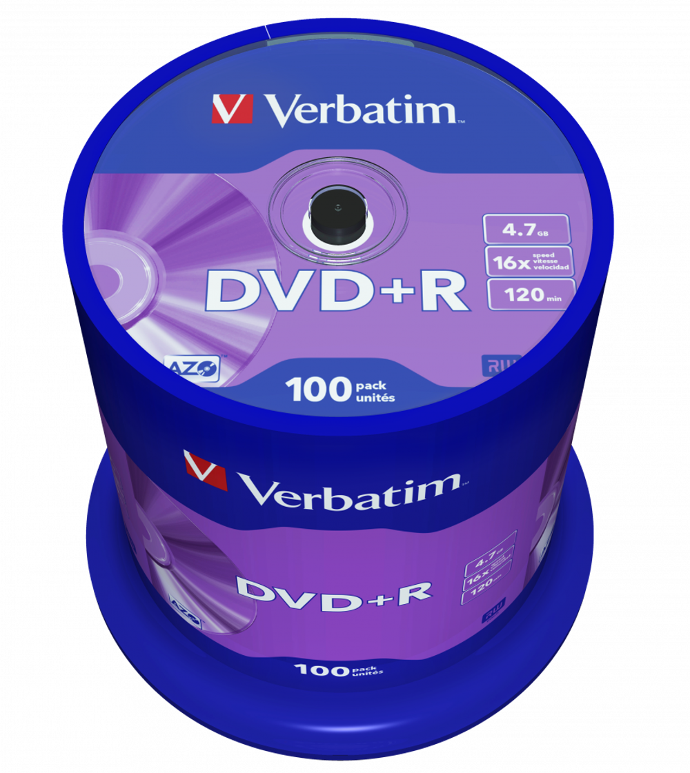 Оптический диск Verbatim DVD+R 4.7GB 16X AZO Matt Silver, Spindle, 100 шт