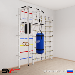 Шведская стенка Sv Sport усиленная 67420 (Турник стандарт/Брусья/Канат/Кольца/Цепь/Мешок 22кг/Канатный лаз)