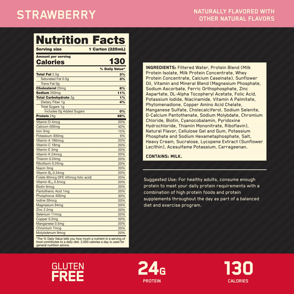Optimum Nutrition, Протеиновый коктейль Gold Standard®, клубника, 4 коробки по 325 мл (11 жидк. Унций)