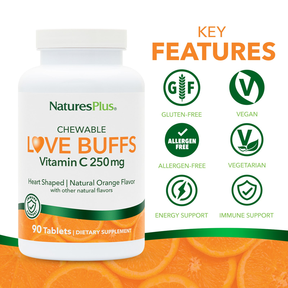 NaturesPlus, Love Buffs, жевательные таблетки, витамин C, натуральный апельсиновый вкус, 90 жевательных таблеток