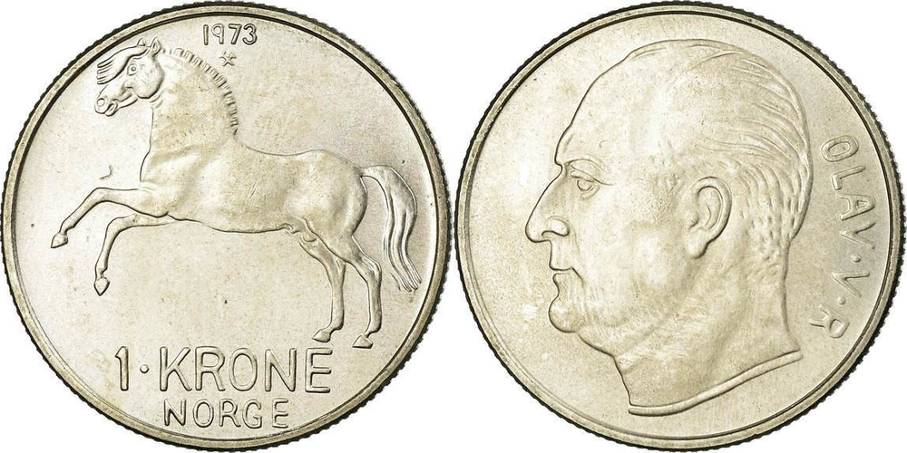 Норвегия 1 крона, 1958 - 1973 Король Улаф V XF