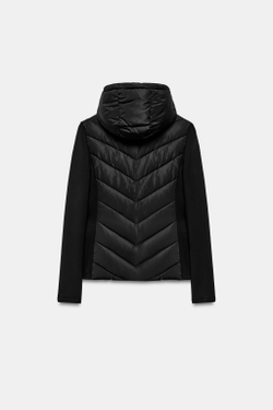 ZARA КОМБИНИРОВАННЫЙ ПУХОВИК С КАПЮШОНОМ, ЧЕРНЫЙ