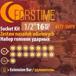 Набор головок ударных глубоких 16пр.1/2''(6-гр.)(10,12-17,19,21,22,24,27,30,32мм(36мм-12гр)+удлинитель 75мм),в кейсе FORSTIME FT-4177-5MPB