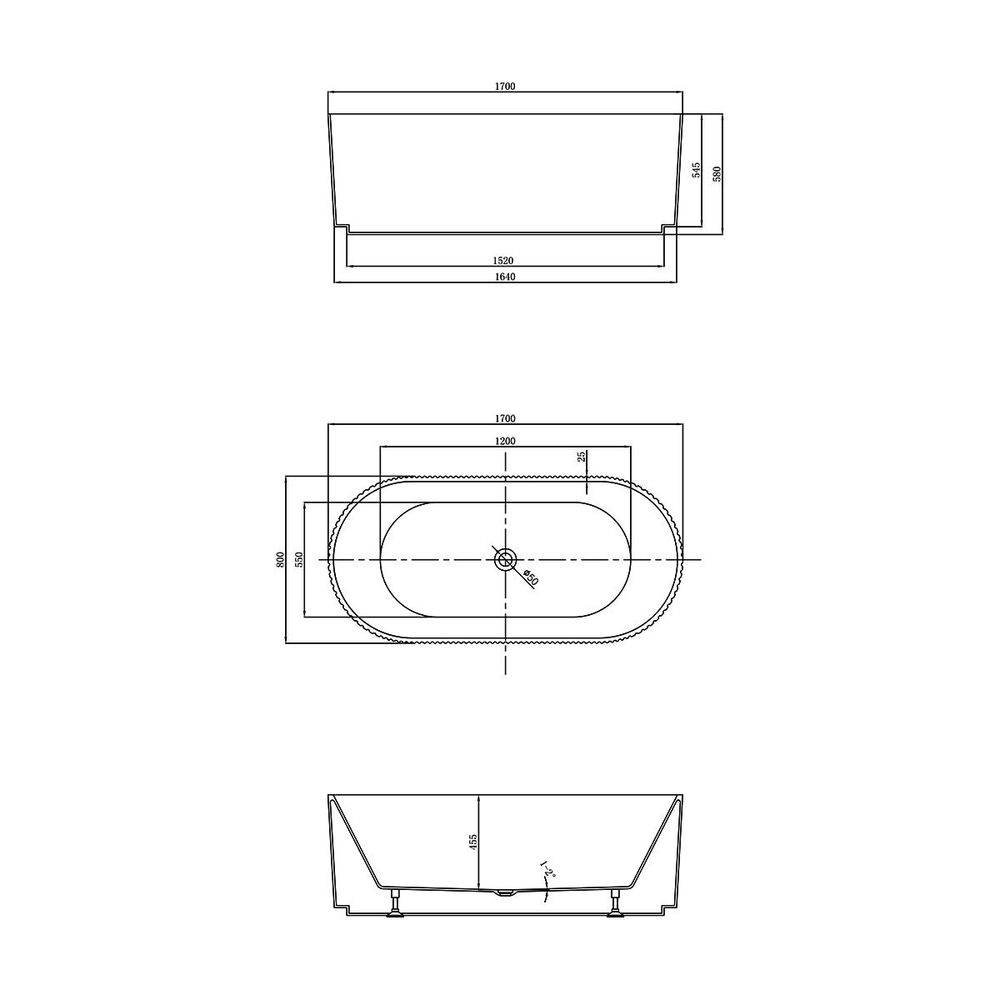 Ванна акриловая Vincea VBT-426-1700MW 1700*800*580, белый мат., щелевой перелив, слив белый,