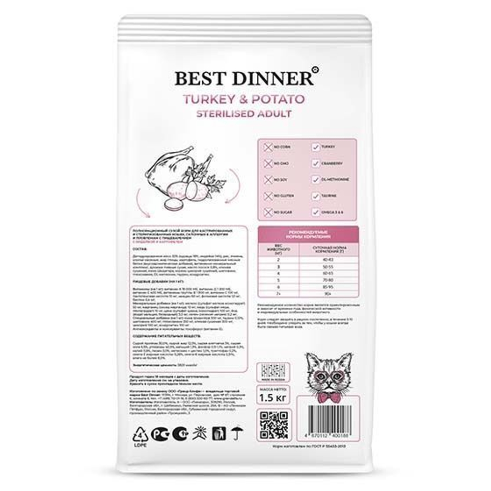 Корм сухой для стерилизованных кошек с Индейкой и Картофелем, Best Dinner Cat Sterilised Turkey & Potato РАЗВЕСНОЙ