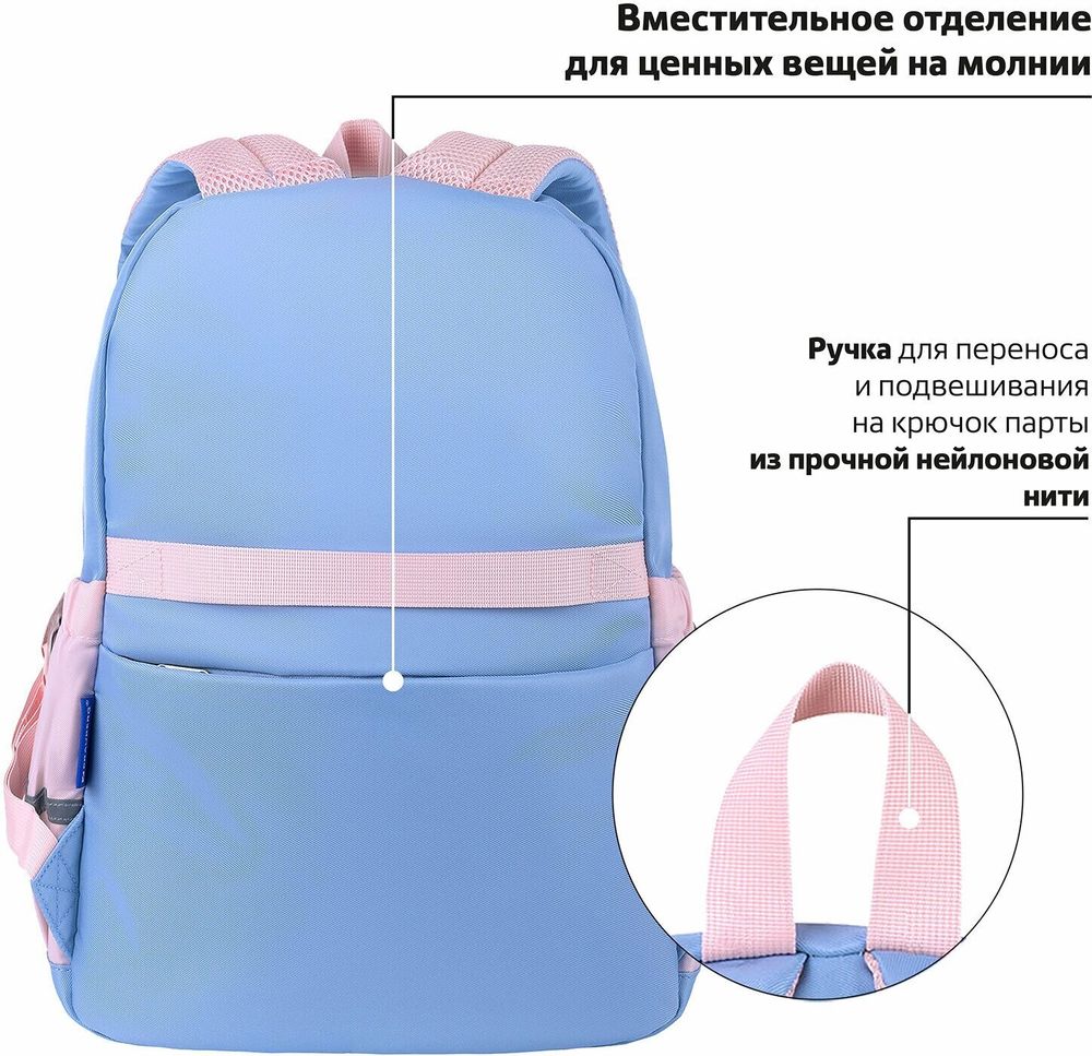 Рюкзак BRAUBERG PASTEL с термонашивками в комплекте, "Friendly bunnies", голубой, 40х29х14 см, 271423