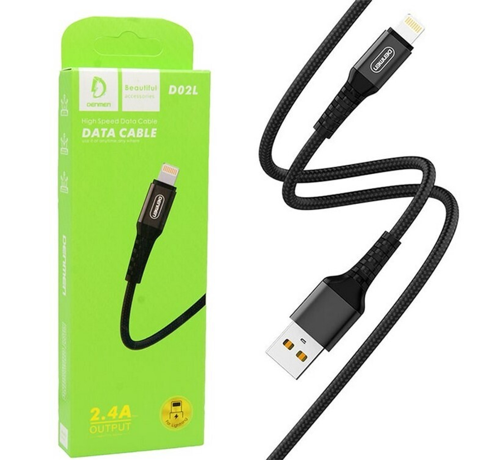 Кабель DENMEN D02L USB-Lightning 2.4A 1м Nylon Black