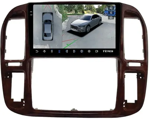 Магнитола для Toyota Land Cruiser 100, Lexus LX470 1998-2002 (кондиционер или климат внизу, рамка дерево) - Teyes CC3-2K-360 монитор 9.5" 2K QLED на Android 10, Быстрая, CarPlay, 4G SIM-слот, 4 камеры в комплекте