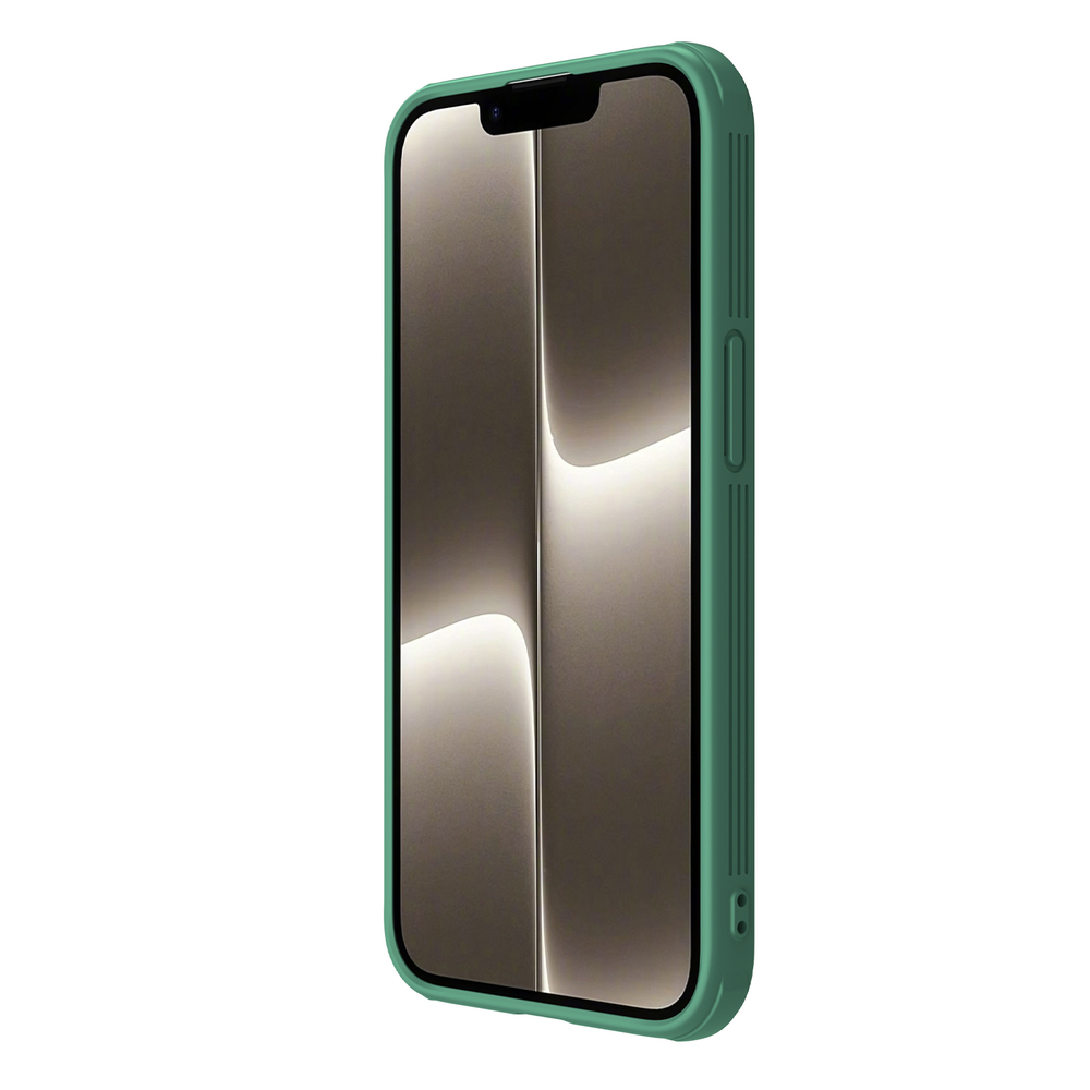 Чехол усиленный зеленого цвета (Dark Green) с защитной шторкой для камеры от Nillkin на iPhone 16e и iPhone 17e, серия CamShield Pro Case
