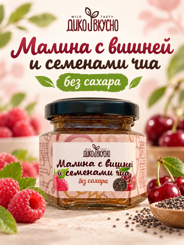 Десерт Малина и Вишня с семенами чиа  100гр  БЕЗ САХАРА  стеклобанка  ТМ Дико Вкусно
