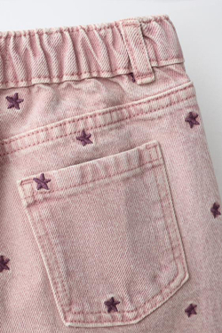 ZARA БРЮКИ WIDE LEG ИЗ ТВИЛА С ВЫШИТЫМИ ЗВЕЗДАМИ, РОЗОВЫЙ