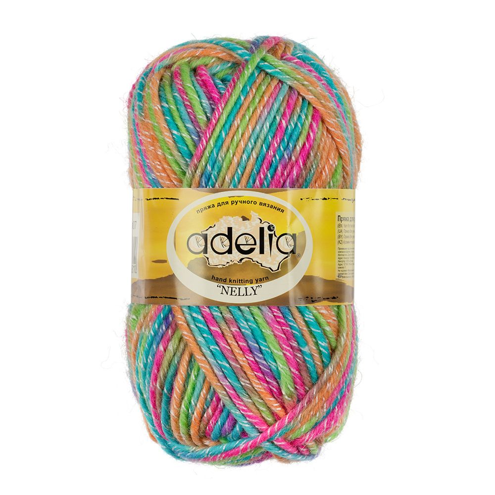 Пряжа Adelia Nelly / уп.5 мот. по 100г, 100м, 07 голубой-малиновый-оранжевый-салатовый Пряжа Adelia Nelly / уп.5 мот. по 100г, 100м, 07 голубой-малиновый-оранжевый-салатовый