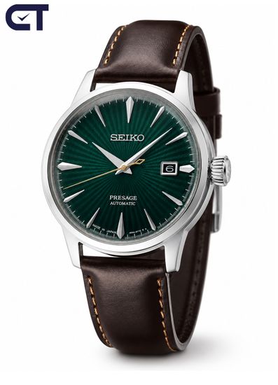 Seiko SRPD37J1 Presage Cocktail Time мужские наручные часы — Mockingbird с зелёным циферблатом и кожаным ремешком