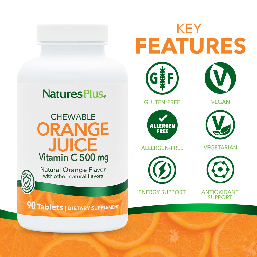 NaturesPlus, жевательный апельсиновый сок, витамин C, натуральный апельсин, 90 таблеток