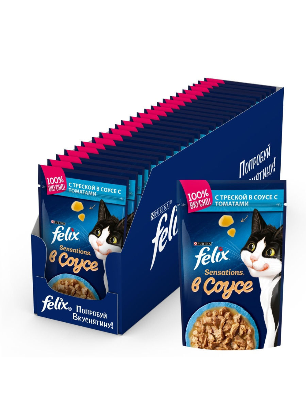 Влажный корм Felix Sensations для кошек, треска в соусе с томатом, 26 шт x 85 г