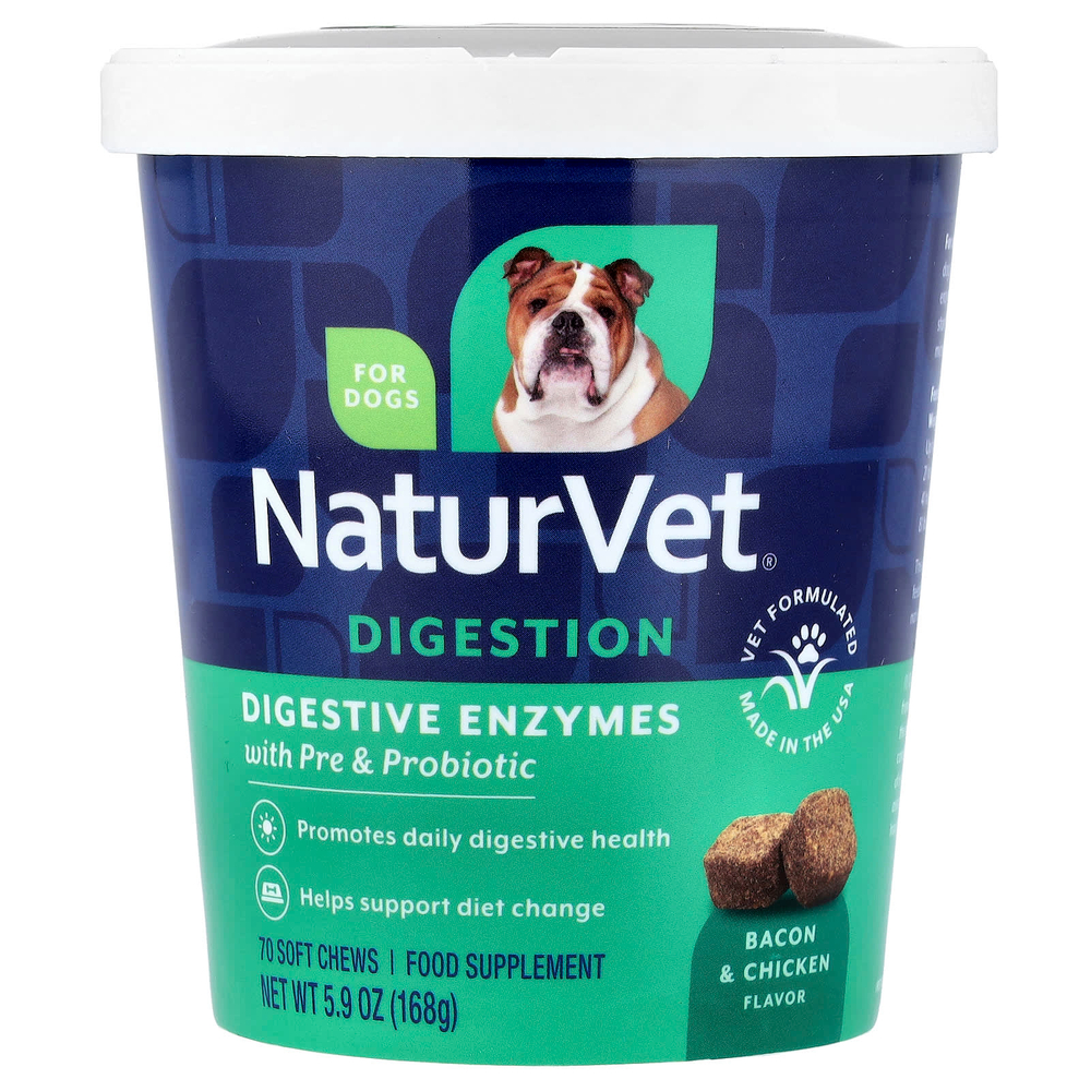 NaturVet, пищеварительные ферменты с пребиотиками и пробиотиками, для собак, бекон и курица, 70 жевательных таблеток, 168 г (5,9 унции)