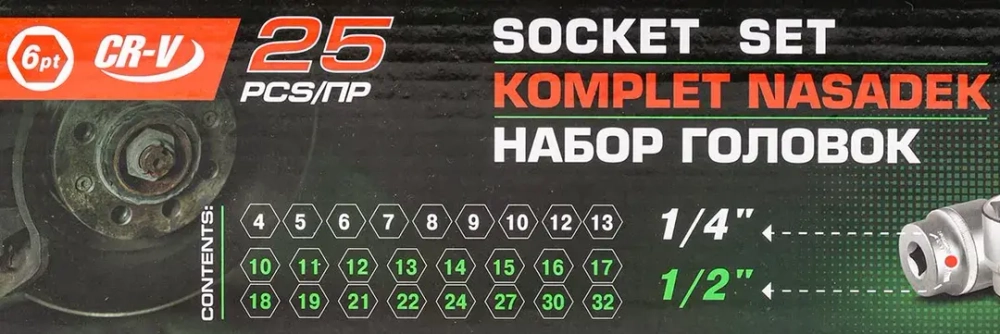 Головки 1/4'', 1/2'', набор 25пр. (6гр.) RockForce RF-50121G
