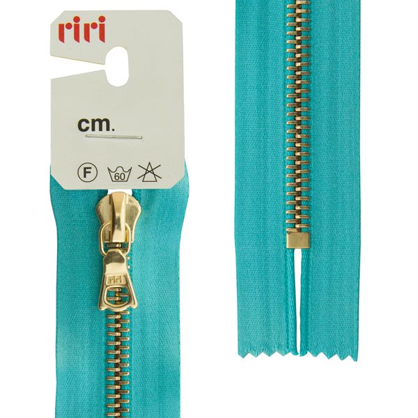 Молния металл RIRI Т6 (6 мм) 1 зам., н/раз., 18 см, Gold, атласная тесьма, цв.5859, бирюзовый, 1 шт