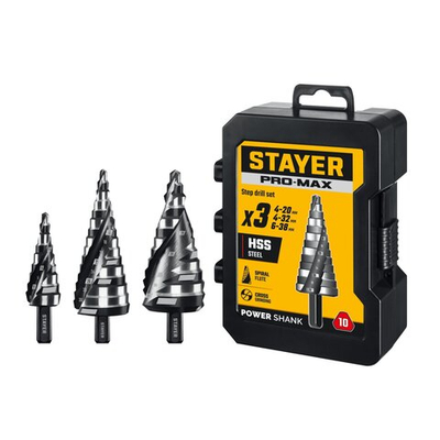 STAYER Pro-Max 3 шт, 4-38мм, винтовая спираль, набор сверл ступенчатых (29661-4-38-H3)