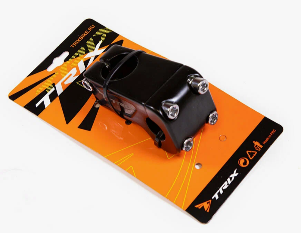 Вынос руля TRIX, алюминиевый кованый, BMX, для б/резьбовой вилки 1-1/8", под руль 22,2мм, четырехболтовый,  l-30мм, глянцевый черный
