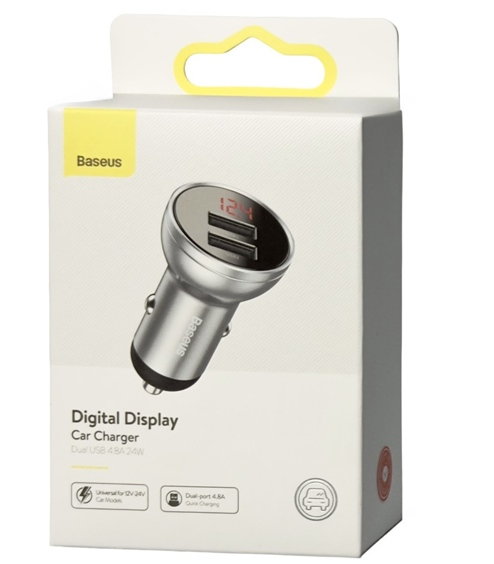 Автомобильное заряд. устр. Baseus Digital Display 2USB 4.8A 24W (CCBX-0S) серебристое