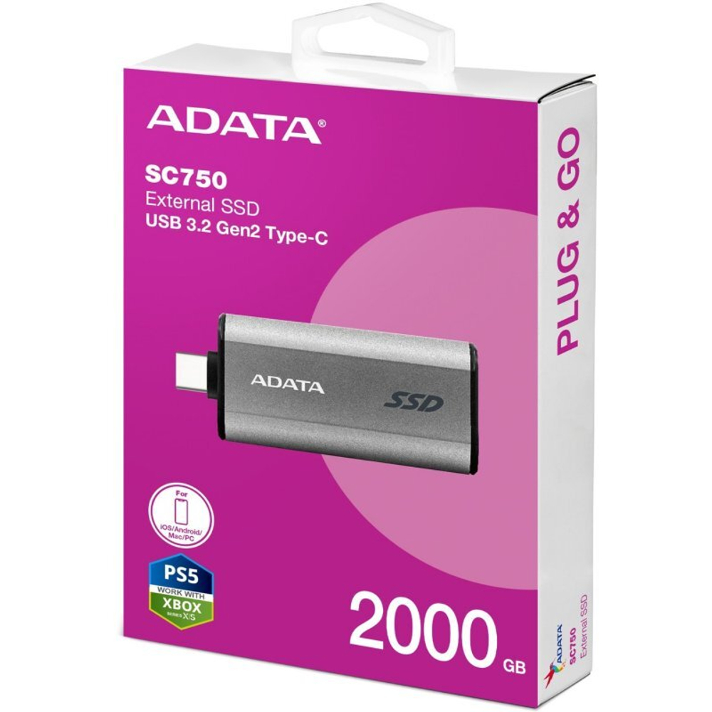 Твердотельный диск 2TB A-DATA SC750, External, USB 3.2 Gen 2 Type-C, [R/W -1050/1000 MB/s] серый