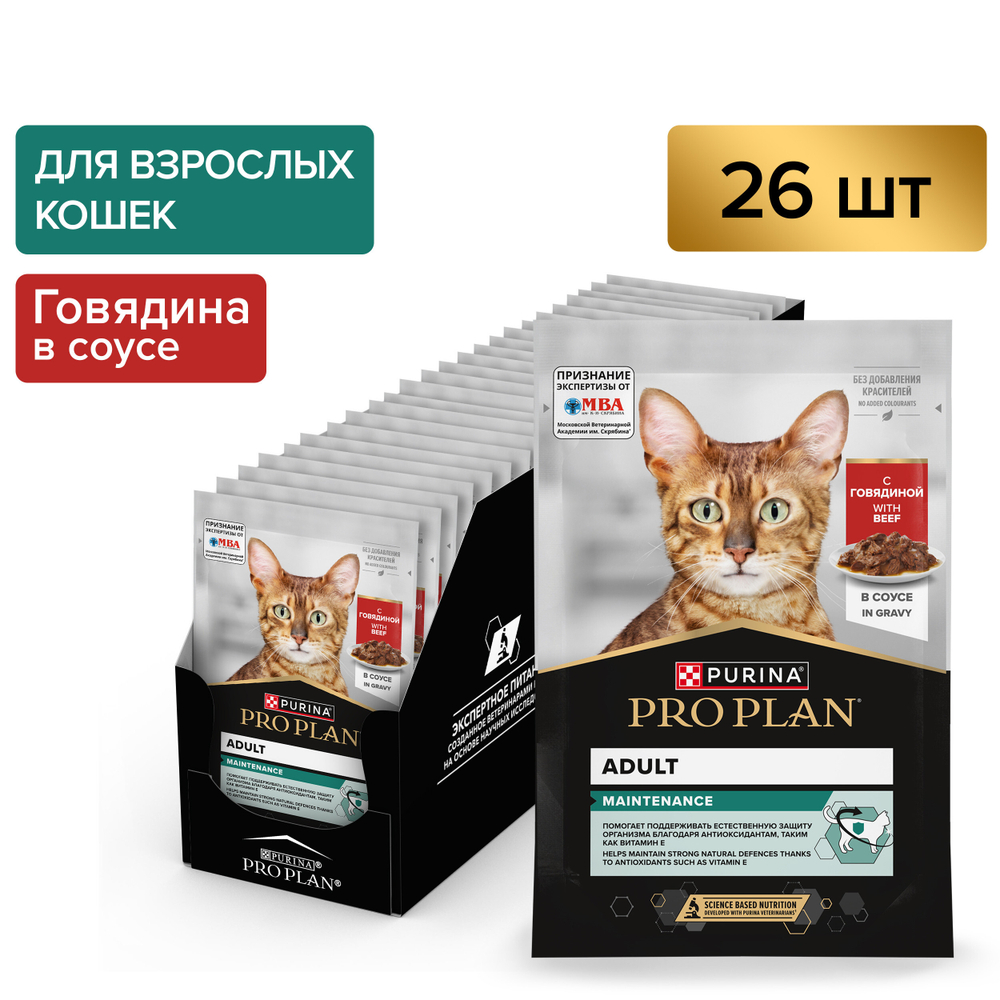Паучи PRO PLAN MAINTENANCE для взрослых кошек живущих дома с говядиной в соусе 26х85г