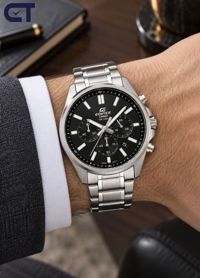 CASIO EFV-650D-1AVUDF EDIFICE мужские наручные часы — стальной хронограф с черным циферблатом
