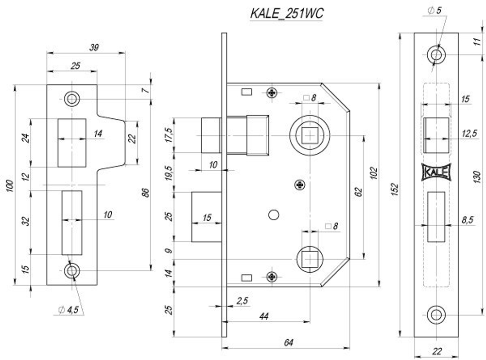 Замок KALE 251 врезной WС 44мм латунь