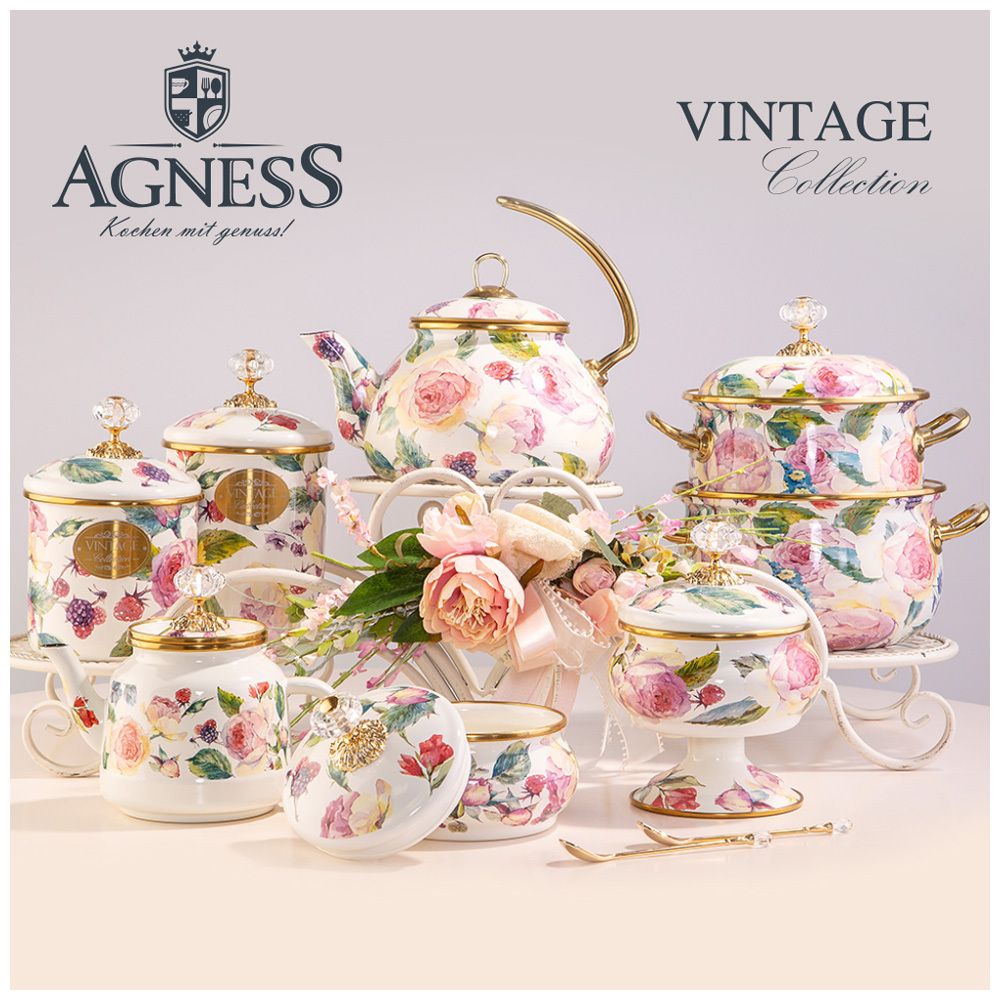 КАСТРЮЛЯ ЭМАЛИРОВАННАЯ AGNESS С КРЫШКОЙ, СЕРИЯ ВИНТАЖ, 3,8Л, ДИАМЕТР=20СМ (КОР=4ШТ.)