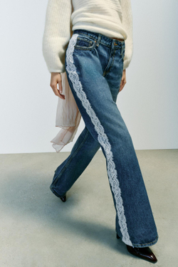 ZARA ДЖИНСЫ Z1975 BOOTCUT С ВЫСОКОЙ ПОСАДКОЙ И КРУЖЕВОМ, СИНИЙ