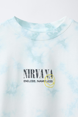 ZARA ФУТБОЛКА TIE DYE С ПРИНТОМ NIRVANA ®, СИНИЙ