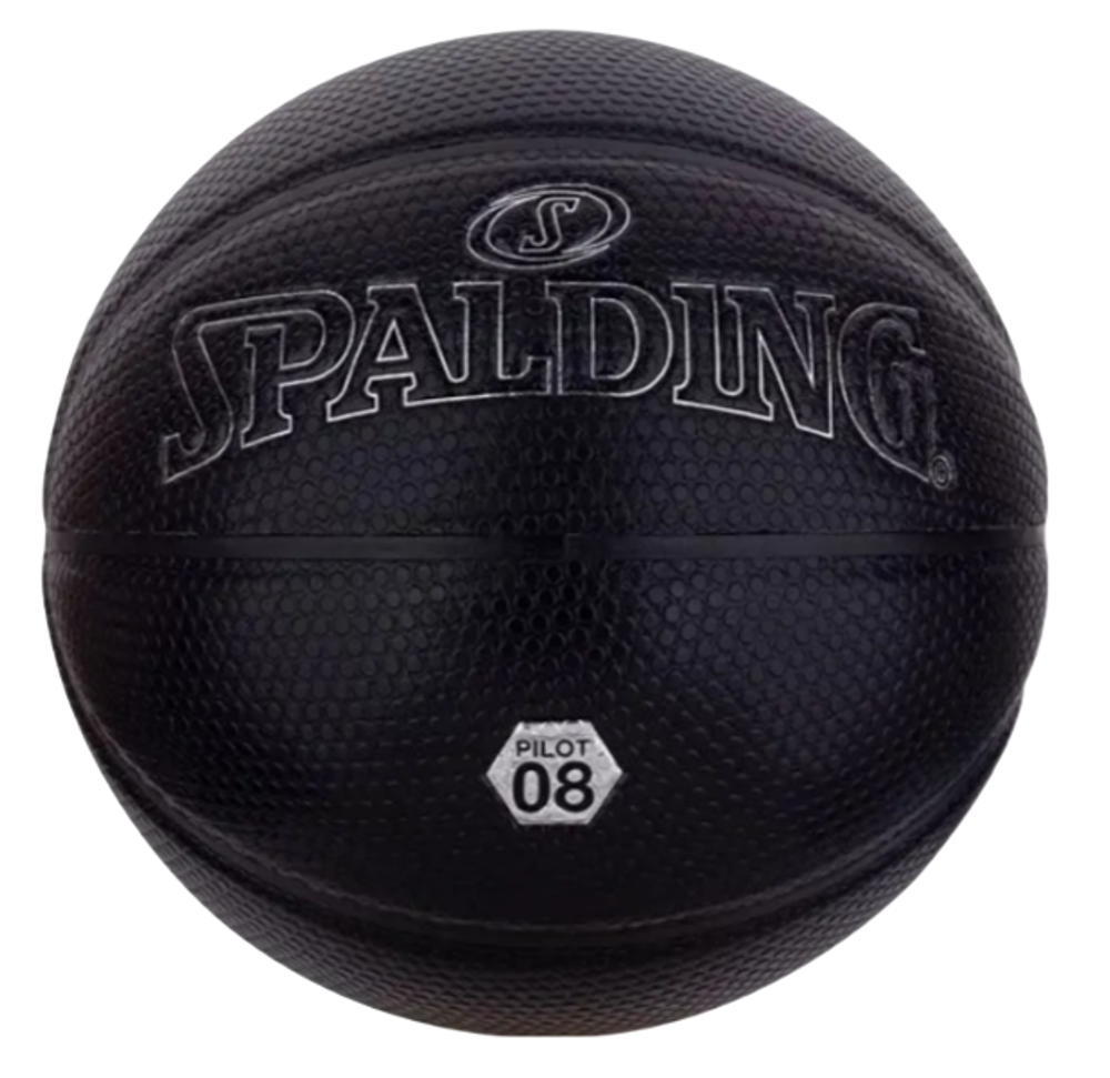 Черный баскетбольный мяч Spalding Pilot Series 08 с серебристым логотипом, размер 7, крупная круглая текстура на поверхности.