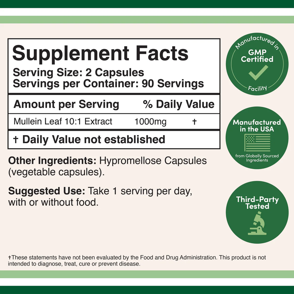 Double Wood Supplements - Mullein Leaf - 180 x 500 mg capsules