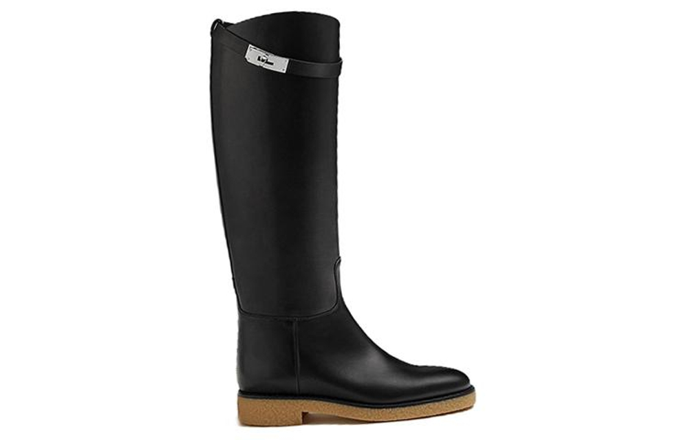 HERMES Faustine Cow Leather Knee high Boots Women"s Black