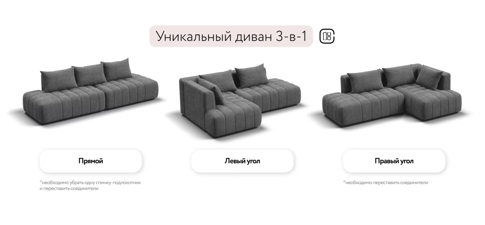 Угловой диван левый Босс Твин Шенилл Клауд графит