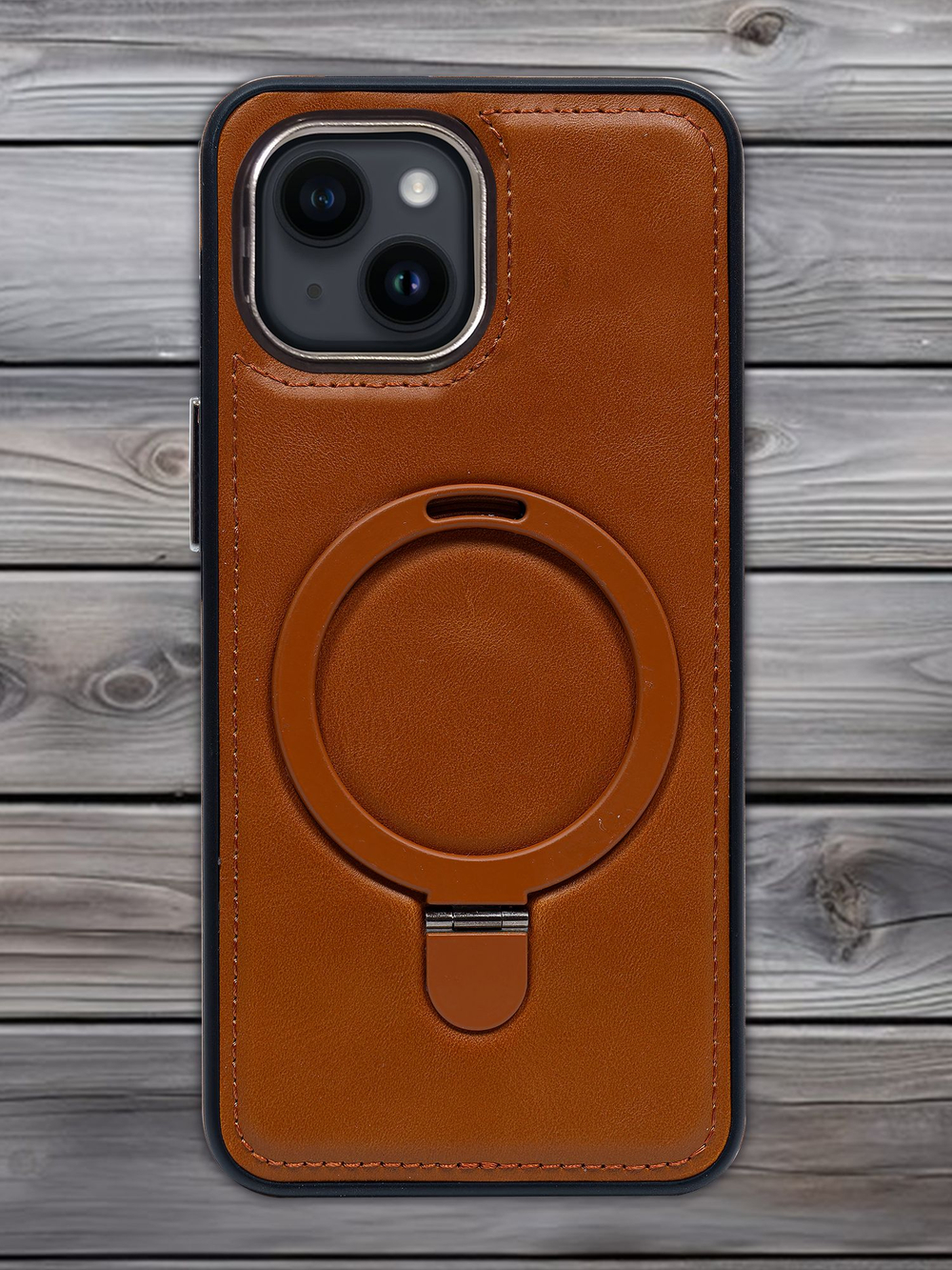 Business style чехол из кожи для IPHONE 14 / 13 с кольцом-подставкой и бархатной подкладкой
