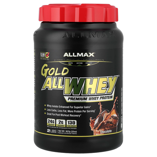 ALLMAX, AllWhey Gold, 100 % сывороточный белок + изолят сывороточного белка премиум-качества, со вкусом шоколада, 907 г (2 фунта)